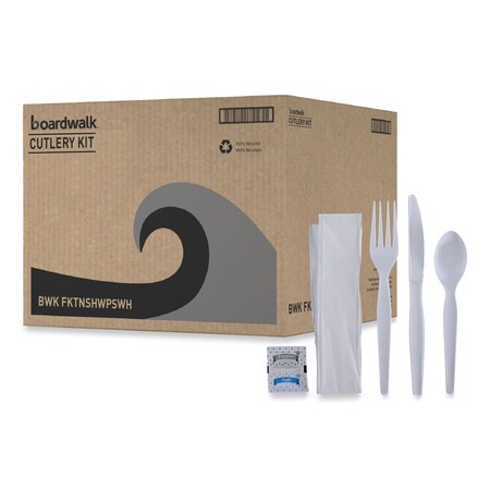 Boardwalk 6-Pc Cutlery Kit, Condiment/Fork/Knife/Napkin/Spoon, HW, White, PK250 FKTNSHWPSWH